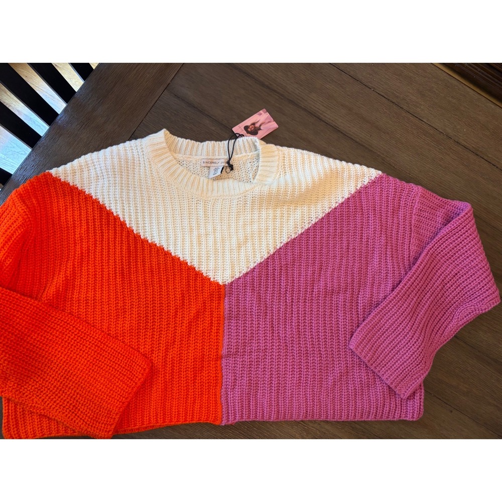 Sincerely Jules Sweater Womens XL NWT Colorblock Pink Orange White Ribbed Knit